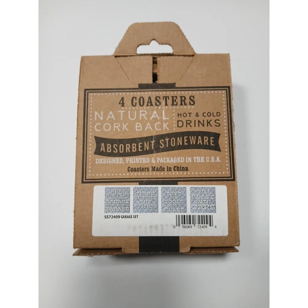 Carson Absorbent Stoneware Coasters Natural Cork Back Garage Set of 4